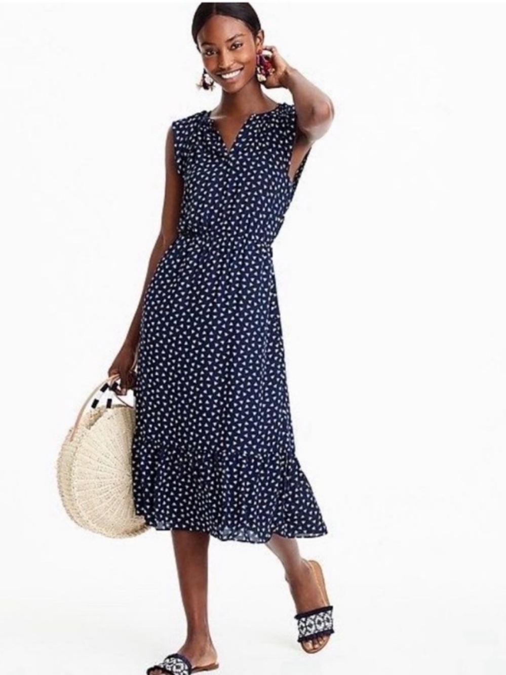 J Crew Factory Navy Dragonfly Sleeveless Midi Dress